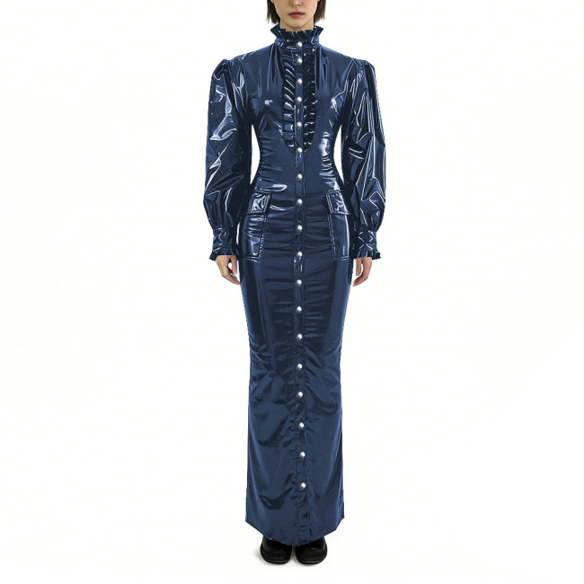 Glossy PVC Long Pencil Dress Plus Size Womens Clothing Puff Long Sleeves Button Down Bodycon Dress Female Gothic Party Outfits