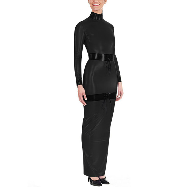 Sissy High Neck Glossy PVC Leather Maxi Dress Women's Long Sleeve Faux Latex-like Party Dress Fetish Clubwear Halloween Cosplay