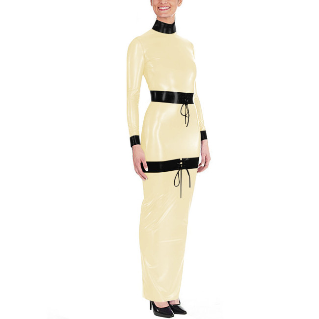 Sissy High Neck Glossy PVC Leather Maxi Dress Women's Long Sleeve Faux Latex-like Party Dress Fetish Clubwear Halloween Cosplay