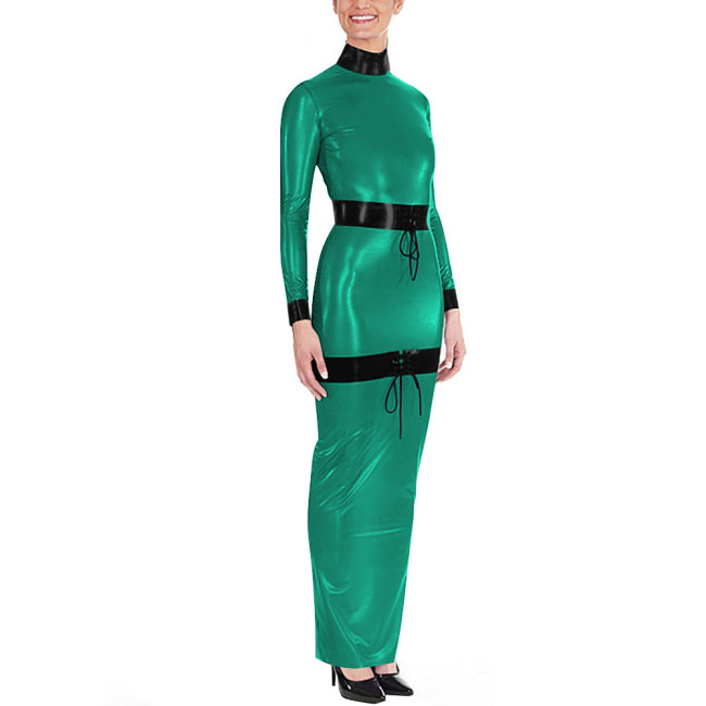 Sissy High Neck Glossy PVC Leather Maxi Dress Women's Long Sleeve Faux Latex-like Party Dress Fetish Clubwear Halloween Cosplay