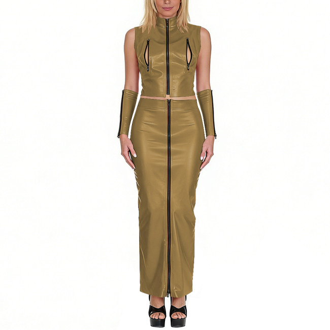 Club Sexy Matte Faux Leather 3-Piece Set Sleeveless Zip-Up Crop Top Long Skirt Arm Sleeves Exotic Party Cosplay Festival Outfits