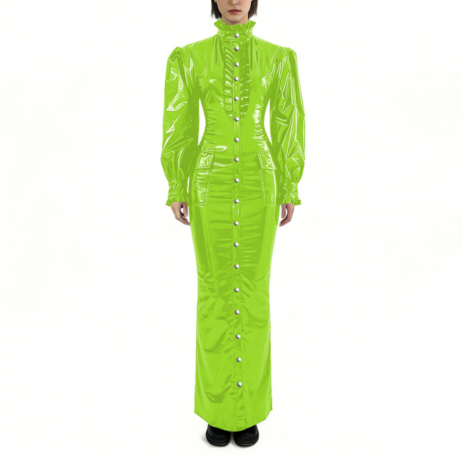 Glossy PVC Long Pencil Dress Plus Size Womens Clothing Puff Long Sleeves Button Down Bodycon Dress Female Gothic Party Outfits
