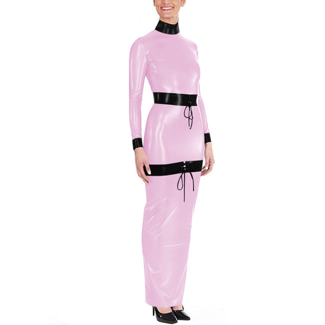 Sissy High Neck Glossy PVC Leather Maxi Dress Women's Long Sleeve Faux Latex-like Party Dress Fetish Clubwear Halloween Cosplay