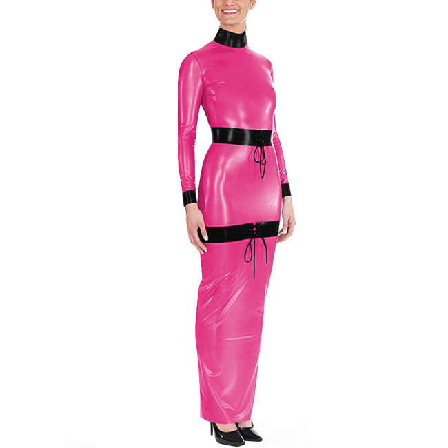 Sissy High Neck Glossy PVC Leather Maxi Dress Women's Long Sleeve Faux Latex-like Party Dress Fetish Clubwear Halloween Cosplay