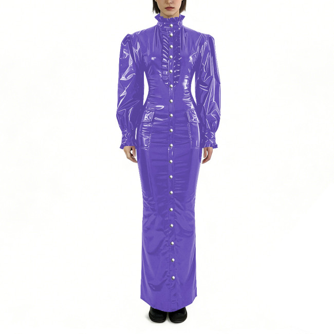 Glossy PVC Long Pencil Dress Plus Size Womens Clothing Puff Long Sleeves Button Down Bodycon Dress Female Gothic Party Outfits