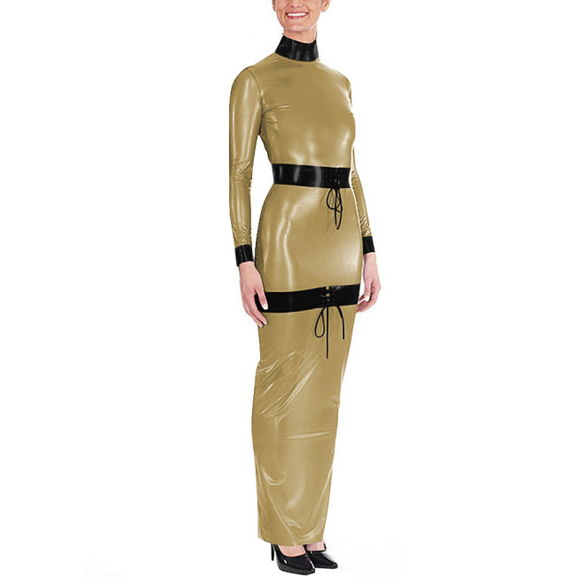 Sissy High Neck Glossy PVC Leather Maxi Dress Women's Long Sleeve Faux Latex-like Party Dress Fetish Clubwear Halloween Cosplay