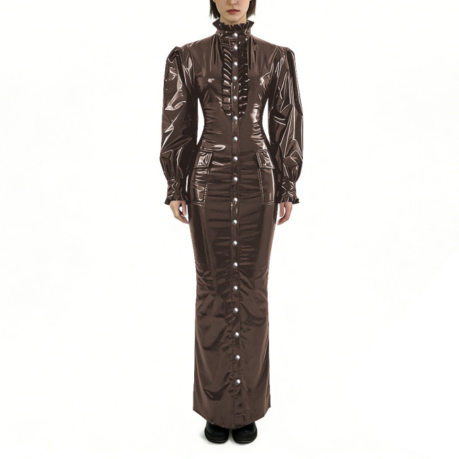 Glossy PVC Long Pencil Dress Plus Size Womens Clothing Puff Long Sleeves Button Down Bodycon Dress Female Gothic Party Outfits