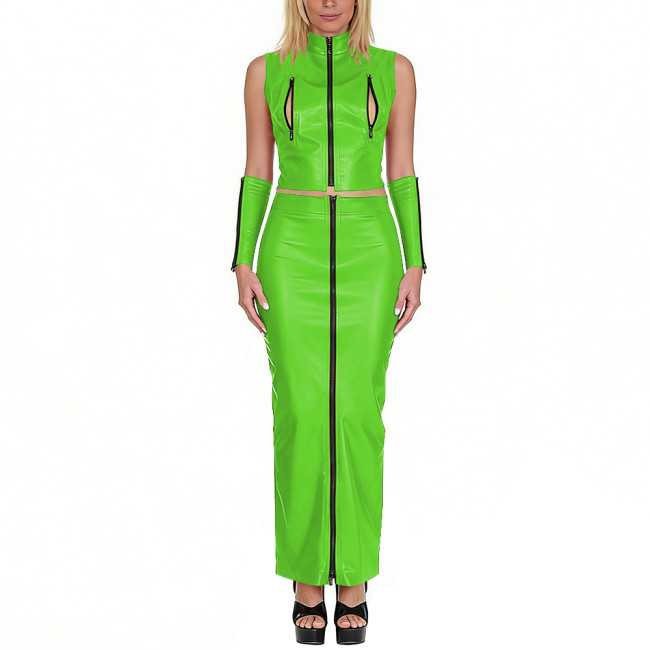 Club Sexy Matte Faux Leather 3-Piece Set Sleeveless Zip-Up Crop Top Long Skirt Arm Sleeves Exotic Party Cosplay Festival Outfits
