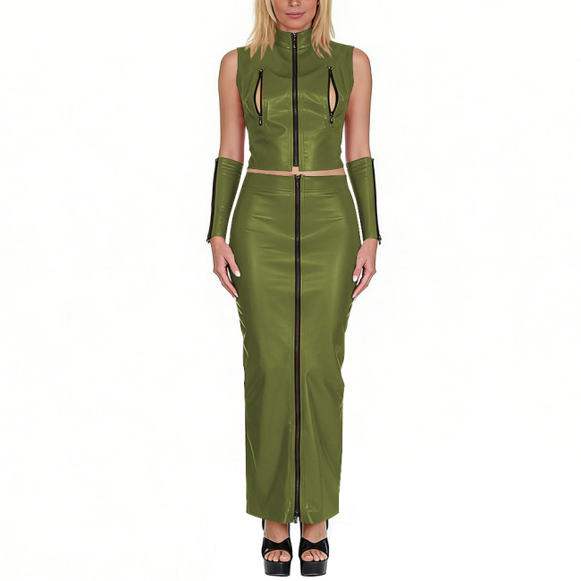 Club Sexy Matte Faux Leather 3-Piece Set Sleeveless Zip-Up Crop Top Long Skirt Arm Sleeves Exotic Party Cosplay Festival Outfits