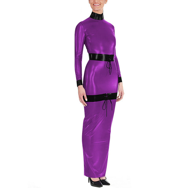 Sissy High Neck Glossy PVC Leather Maxi Dress Women's Long Sleeve Faux Latex-like Party Dress Fetish Clubwear Halloween Cosplay