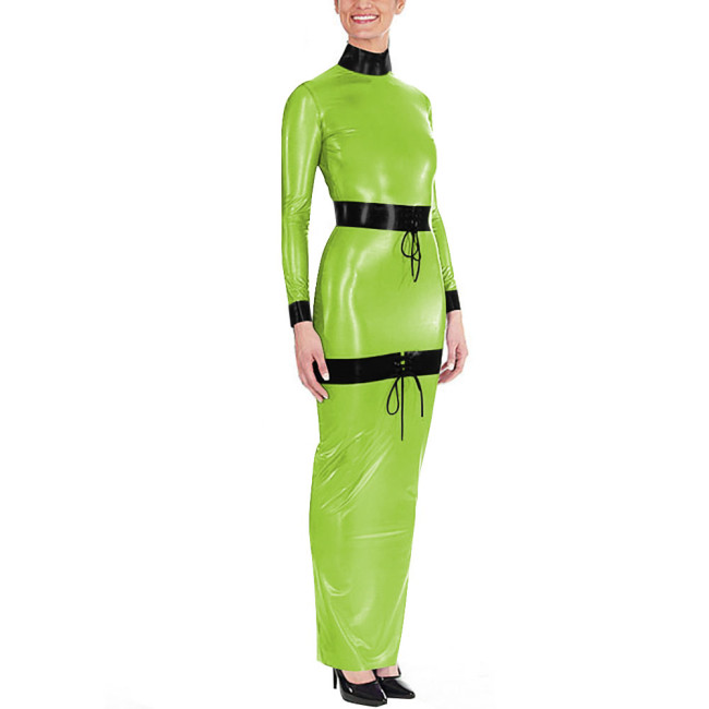 Sissy High Neck Glossy PVC Leather Maxi Dress Women's Long Sleeve Faux Latex-like Party Dress Fetish Clubwear Halloween Cosplay