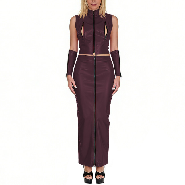 Club Sexy Matte Faux Leather 3-Piece Set Sleeveless Zip-Up Crop Top Long Skirt Arm Sleeves Exotic Party Cosplay Festival Outfits