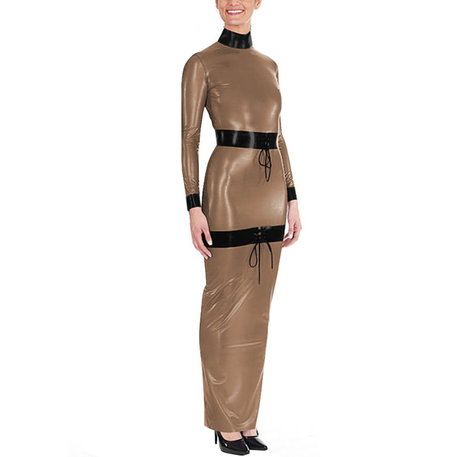 Sissy High Neck Glossy PVC Leather Maxi Dress Women's Long Sleeve Faux Latex-like Party Dress Fetish Clubwear Halloween Cosplay