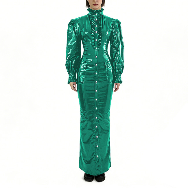 Glossy PVC Long Pencil Dress Plus Size Womens Clothing Puff Long Sleeves Button Down Bodycon Dress Female Gothic Party Outfits