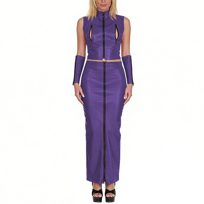 Club Sexy Matte Faux Leather 3-Piece Set Sleeveless Zip-Up Crop Top Long Skirt Arm Sleeves Exotic Party Cosplay Festival Outfits