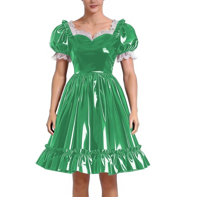 Sissy Lolita Glossy PVC Sweetheart Neck Mid Dress Women's Puff Sleeve Ruffled Hem A-line Dress Halloween Party Pleated Dresses