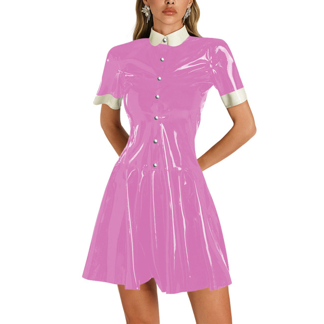 Womens Shiny Vinyl Short Sleeve Short Dress Preppy Style Contrast Collar Slim and Flare Mini Dress Plus Size Party Club Dress