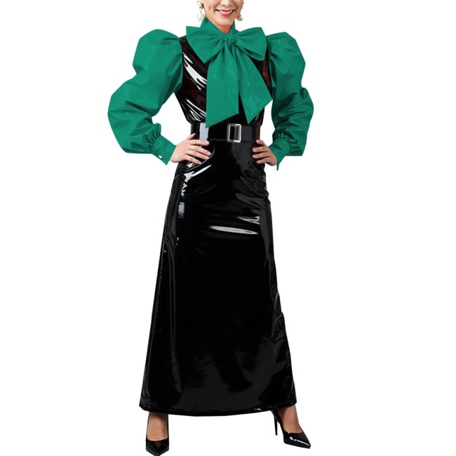 Women's Vintage Style Puff Sleeve Bow Long Dress Laides Glossy PVC Patchwork Slim Dresses Fetish Clubwear Evening Party Costume