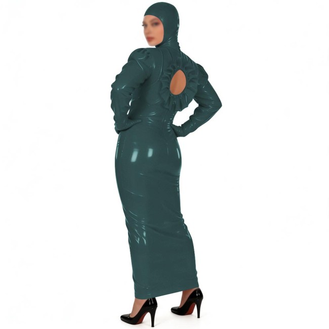 Novelty Shiny PVC Full Body Long Pencil Dress with Hood Womens Sissy Back Hollow Glossy Club Bodycon Dress Fetish Party Costume