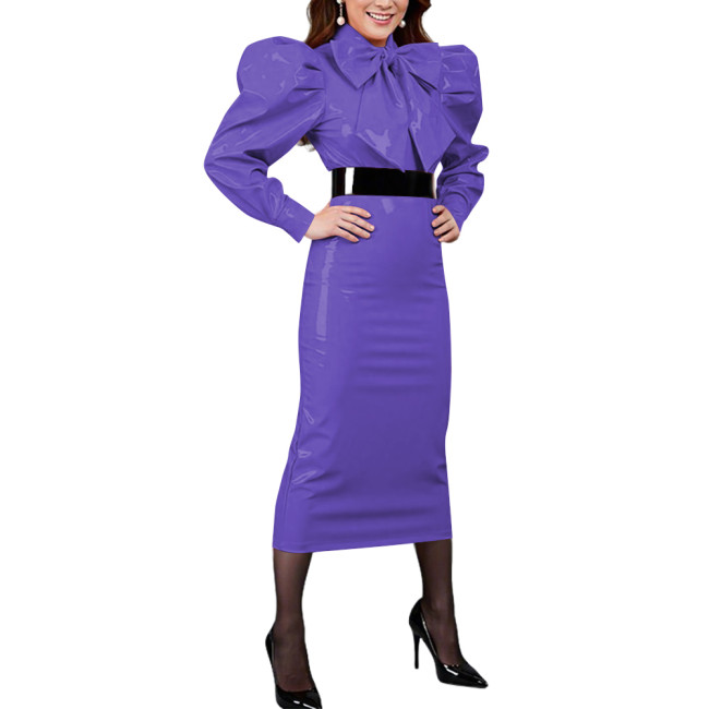 Retro Casual Vinyl PVC Leather Midi Pencil Dress with Bow Puff Long Sleeves Elegant Slim Cocktail Party Dress Womens Streetwear