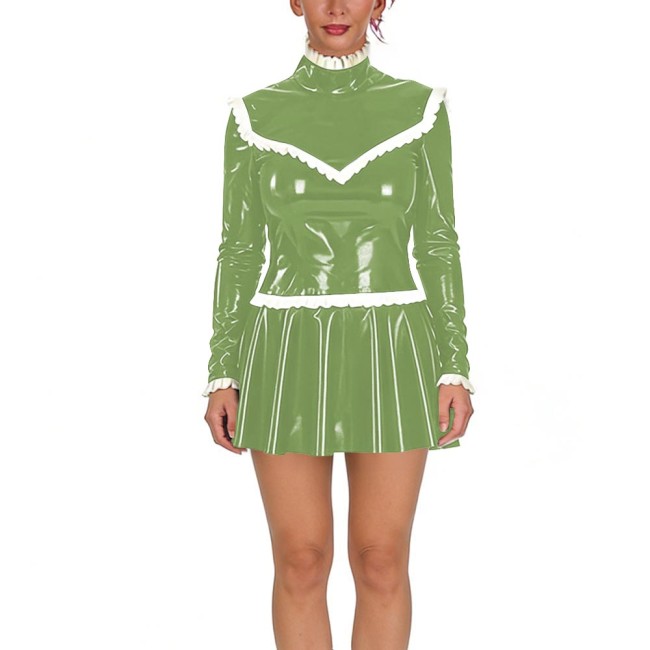 Women‘s Ruffles High Neck Mini Dresses PVC Shiny Long Sleeves Slim and Pleated Bodycon Dress Female Glossy Party Club Vestidos