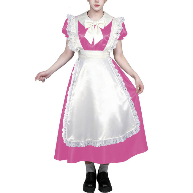Men's Sissy Satin Maid Midi Dress Party Cosplay Costume Lolita Bow Apron Crossdressing Outfit for Halloween Anime Role Play 7XL