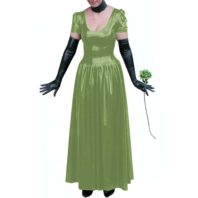 Sexy Club Glossy PVC Leather Maxi Dress Plus Size Puff Sleeves Long Dresses Women's U-neck A-line Ball Gown Wetlook Clubwear