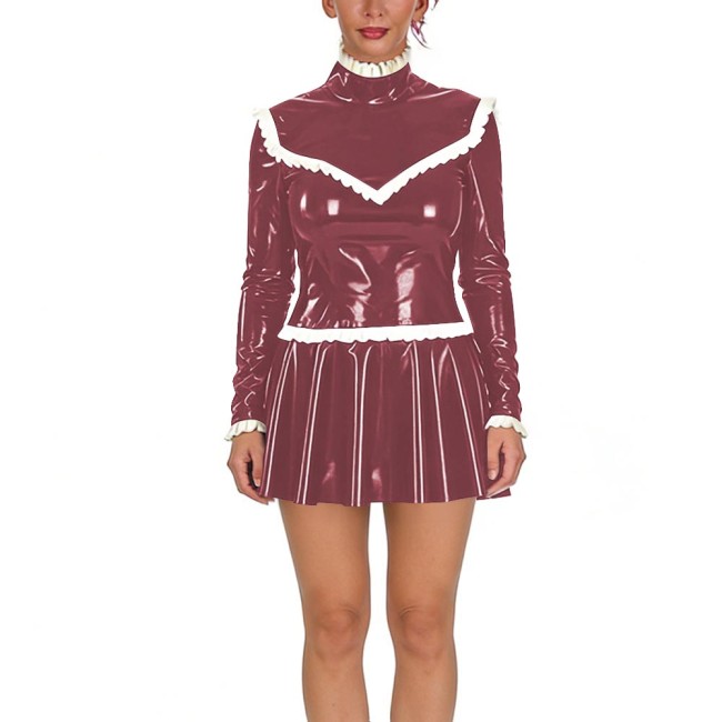 Women‘s Ruffles High Neck Mini Dresses PVC Shiny Long Sleeves Slim and Pleated Bodycon Dress Female Glossy Party Club Vestidos