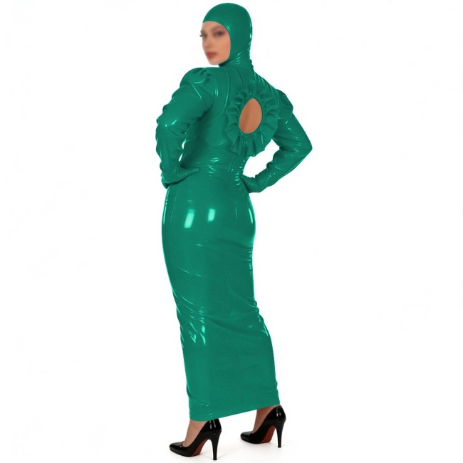 Novelty Shiny PVC Full Body Long Pencil Dress with Hood Womens Sissy Back Hollow Glossy Club Bodycon Dress Fetish Party Costume