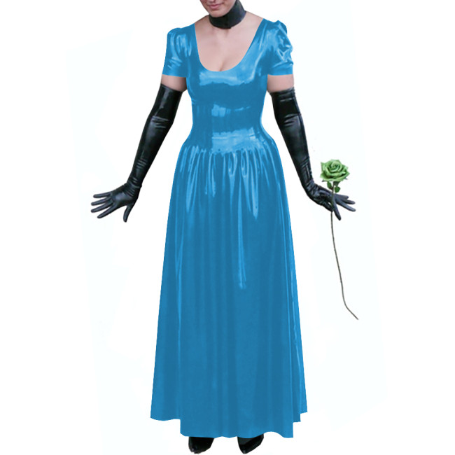 Sexy Club Glossy PVC Leather Maxi Dress Plus Size Puff Sleeves Long Dresses Women's U-neck A-line Ball Gown Wetlook Clubwear