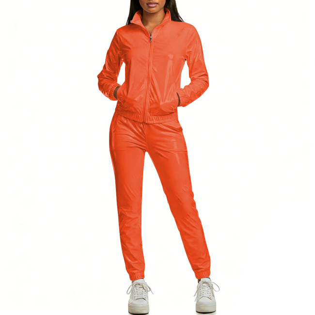 Womens Casual Shiny Trouses Outfits Streetwear Glossy PVC Leather Two-piece Pant Sets Full Zipper Long Sleeve Jacket and Pant