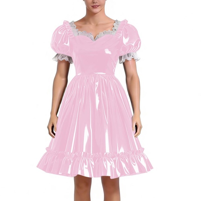 Sissy Lolita Glossy PVC Sweetheart Neck Mid Dress Women's Puff Sleeve Ruffled Hem A-line Dress Halloween Party Pleated Dresses