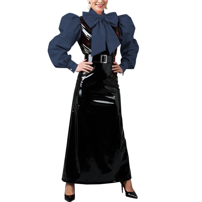 Women's Vintage Style Puff Sleeve Bow Long Dress Laides Glossy PVC Patchwork Slim Dresses Fetish Clubwear Evening Party Costume