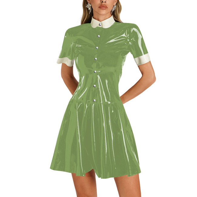 Womens Shiny Vinyl Short Sleeve Short Dress Preppy Style Contrast Collar Slim and Flare Mini Dress Plus Size Party Club Dress