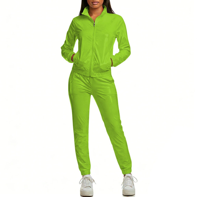 Womens Casual Shiny Trouses Outfits Streetwear Glossy PVC Leather Two-piece Pant Sets Full Zipper Long Sleeve Jacket and Pant