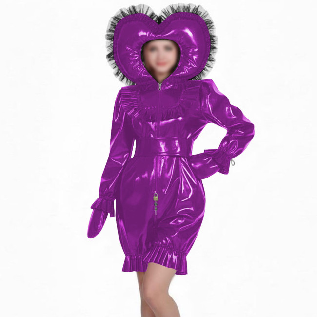 Glossy PVC Sissy Rompers with Lace Hat Long Sleeves Gloved Zipper Front Lockable Bodysuit Uniforms Theme Party Cosplay Outfits