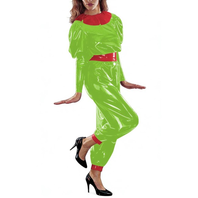 Stylish PVC Glossy Leather Jumpsuit Womens Patchwork Puff Long Sleeve Belted Rompers Raves Party Cosplay Outfits Nightclub Wear