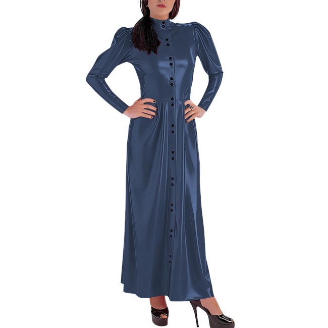 Plus Size Women's Single-Breasted Slim Long Dress Glossy PVC Leather High Neck Maxi Dresses Wetlook Party Club Street Wear 8XL
