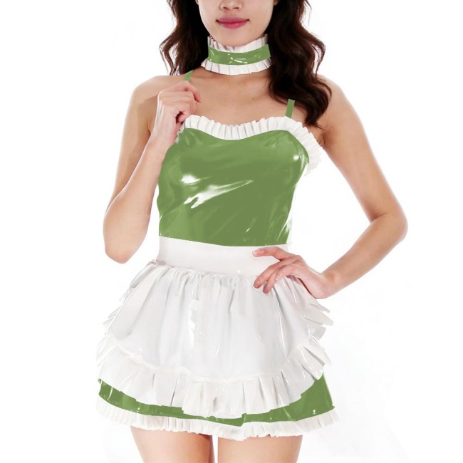 Glossy PVC Leather Party Cosplay Maid Outfit Sexy Sling Mini Dress with Ruffles Collar Apron Womens Servant Lolita Anime Uniform