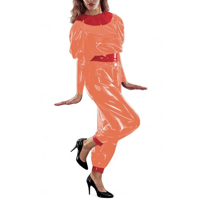 Stylish PVC Glossy Leather Jumpsuit Womens Patchwork Puff Long Sleeve Belted Rompers Raves Party Cosplay Outfits Nightclub Wear