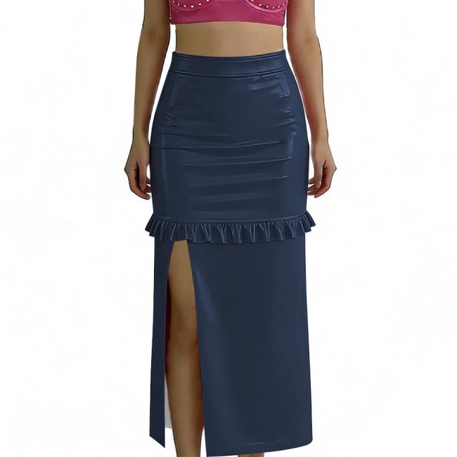 Ladies Vinyl PVC Leather Midi Skirt for Women High Waist Ruffled Split Hem Tight Skirt Glossy Clubwear Plus Size Womens Skirt