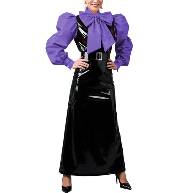 Women's Vintage Style Puff Sleeve Bow Long Dress Laides Glossy PVC Patchwork Slim Dresses Fetish Clubwear Evening Party Costume