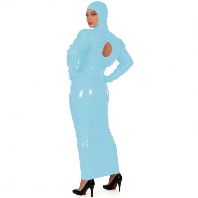 Novelty Shiny PVC Full Body Long Pencil Dress with Hood Womens Sissy Back Hollow Glossy Club Bodycon Dress Fetish Party Costume