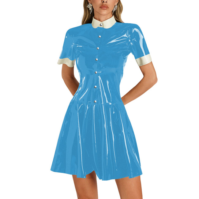 Womens Shiny Vinyl Short Sleeve Short Dress Preppy Style Contrast Collar Slim and Flare Mini Dress Plus Size Party Club Dress