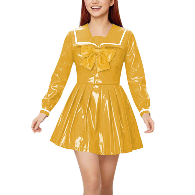 Sweet Glossy PVC Sailor Dress for Women Long Sleeve Pleated Mini Dress with Yellow Bow Japanese Schoolgirl Style Cosplay Outfit