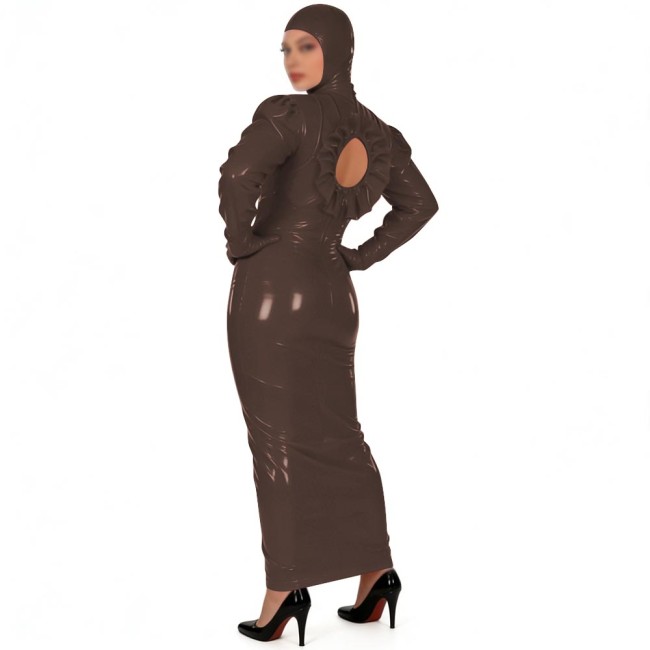Novelty Shiny PVC Full Body Long Pencil Dress with Hood Womens Sissy Back Hollow Glossy Club Bodycon Dress Fetish Party Costume
