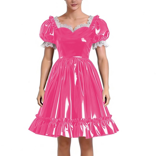 Sissy Lolita Glossy PVC Sweetheart Neck Mid Dress Women's Puff Sleeve Ruffled Hem A-line Dress Halloween Party Pleated Dresses