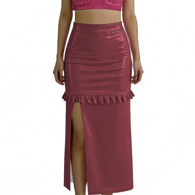 Ladies Vinyl PVC Leather Midi Skirt for Women High Waist Ruffled Split Hem Tight Skirt Glossy Clubwear Plus Size Womens Skirt