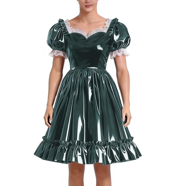 Sissy Lolita Glossy PVC Sweetheart Neck Mid Dress Women's Puff Sleeve Ruffled Hem A-line Dress Halloween Party Pleated Dresses