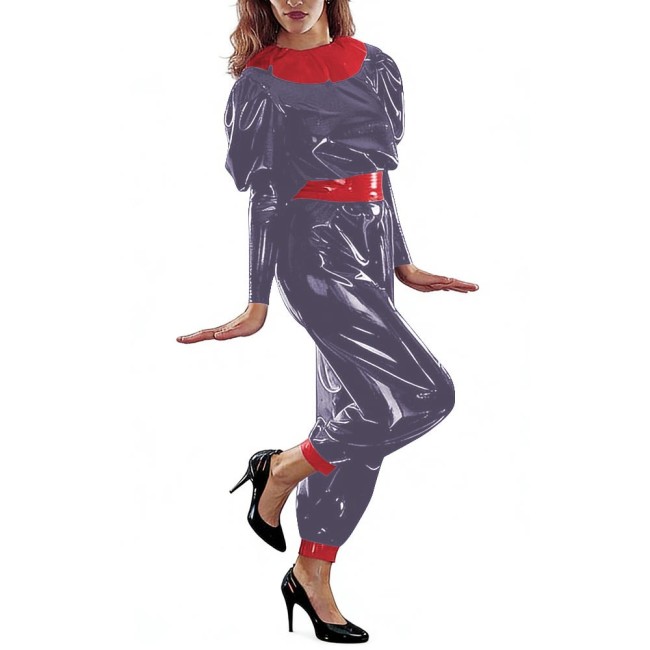Stylish PVC Glossy Leather Jumpsuit Womens Patchwork Puff Long Sleeve Belted Rompers Raves Party Cosplay Outfits Nightclub Wear